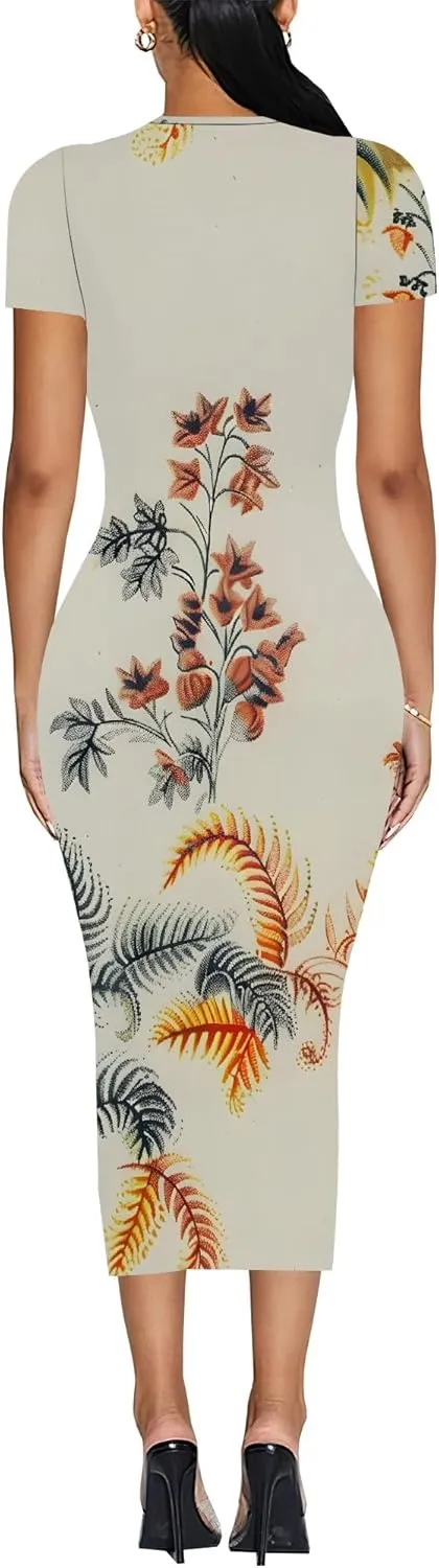 Women Fashion Dresses Curvy Women Short Sleeve Round Neck Bodycon Dresses Summer Print Cocktail Formal Gown S-3XL