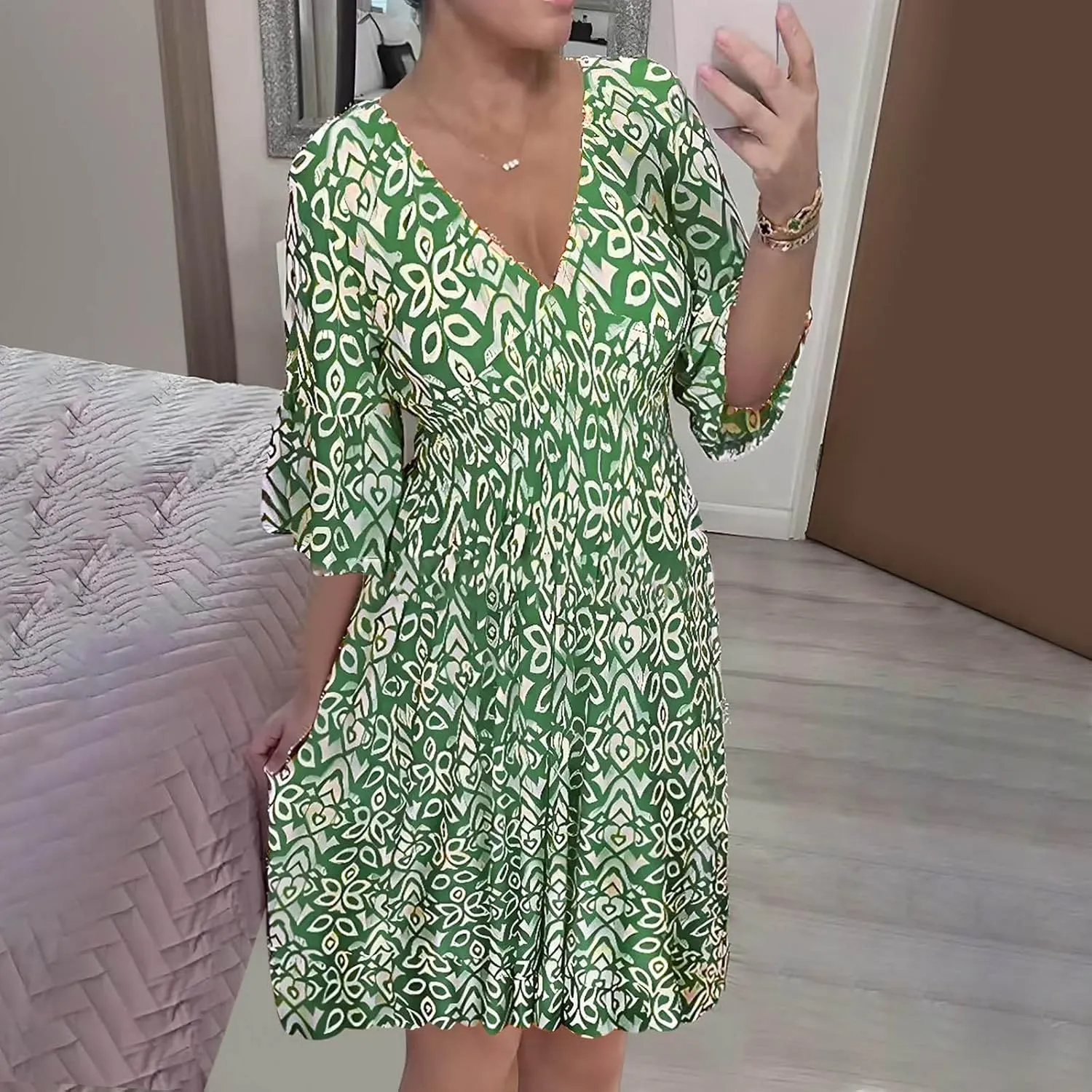 Women Floral Dresses 2024 Boho Casual Summer Dresses Flowy Vneck 3/4 Sleeve Dress Bohemian Beach Vacation Cute Clothes