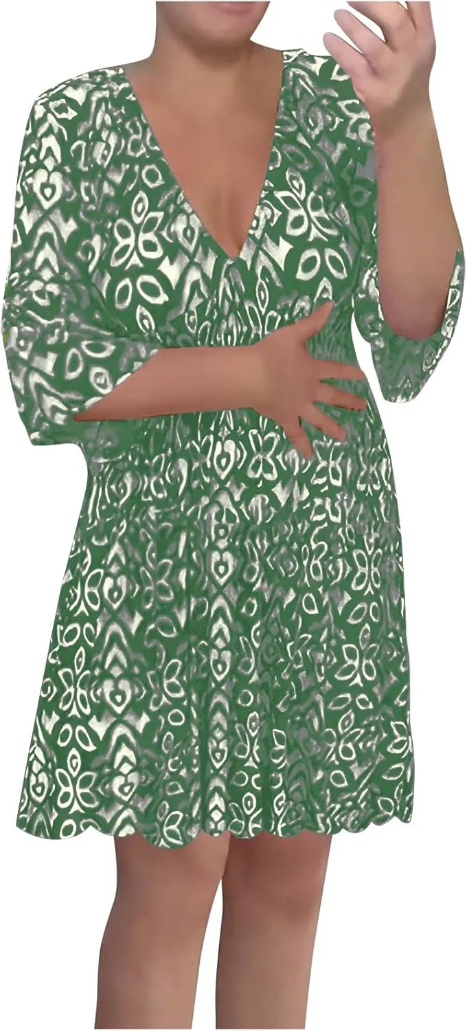 Women Floral Dresses 2024 Boho Casual Summer Dresses Flowy Vneck 3/4 Sleeve Dress Bohemian Beach Vacation Cute Clothes