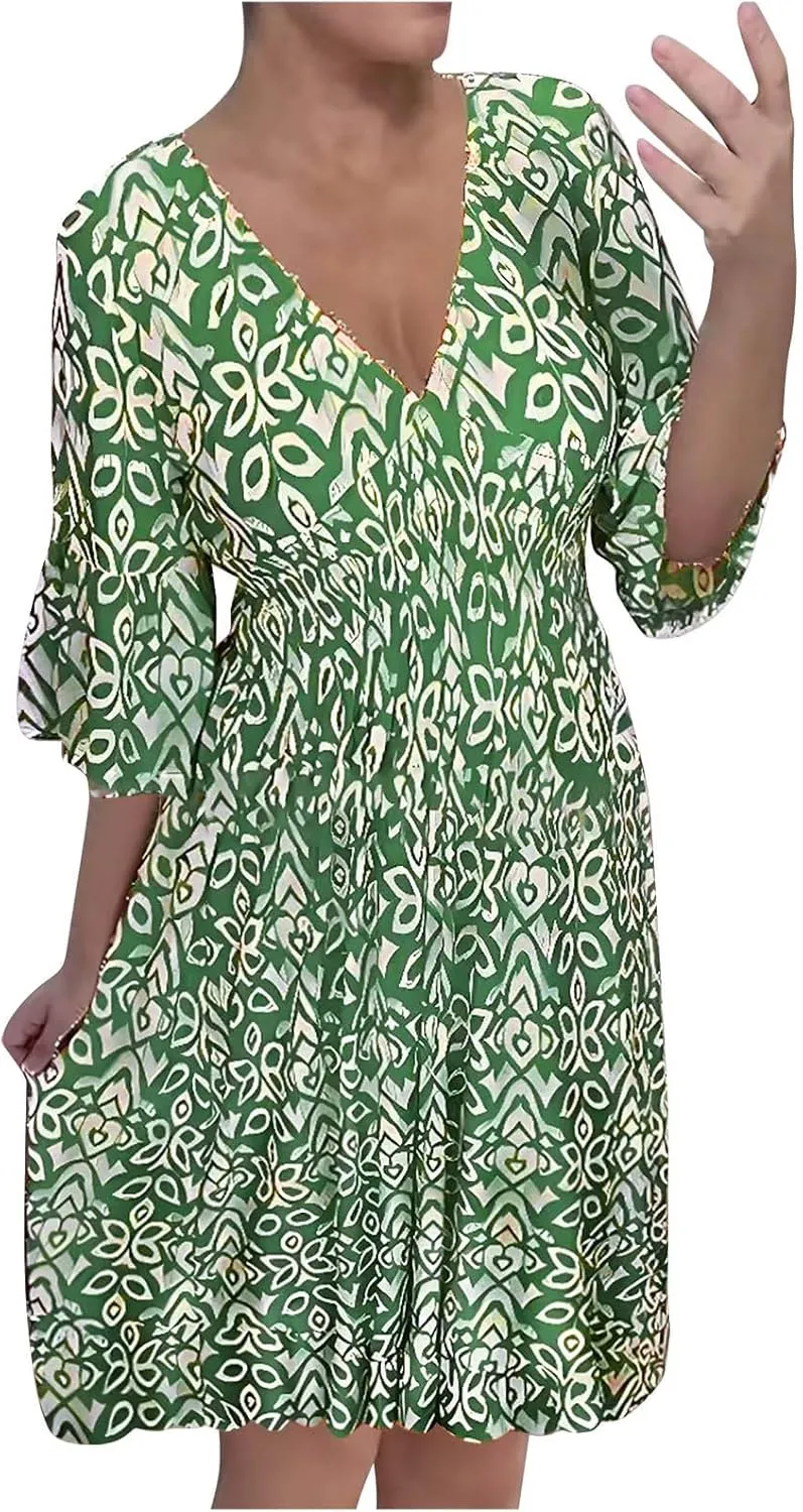 Women Floral Dresses 2024 Boho Casual Summer Dresses Flowy Vneck 3/4 Sleeve Dress Bohemian Beach Vacation Cute Clothes