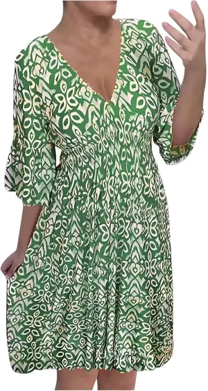 Women Floral Dresses 2024 Boho Casual Summer Dresses Flowy Vneck 3/4 Sleeve Dress Bohemian Beach Vacation Cute Clothes