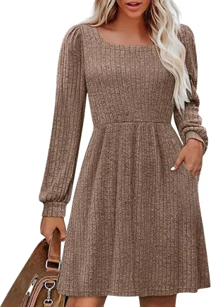 Women Knit Dress Puff Long Sleeve Dress for Fall Winter Square Neck Casual Tunic Dresses Womens Fall Fashion 2024