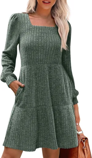 Women Knit Dress Puff Long Sleeve Dress for Fall Winter Square Neck Casual Tunic Dresses Womens Fall Fashion 2024