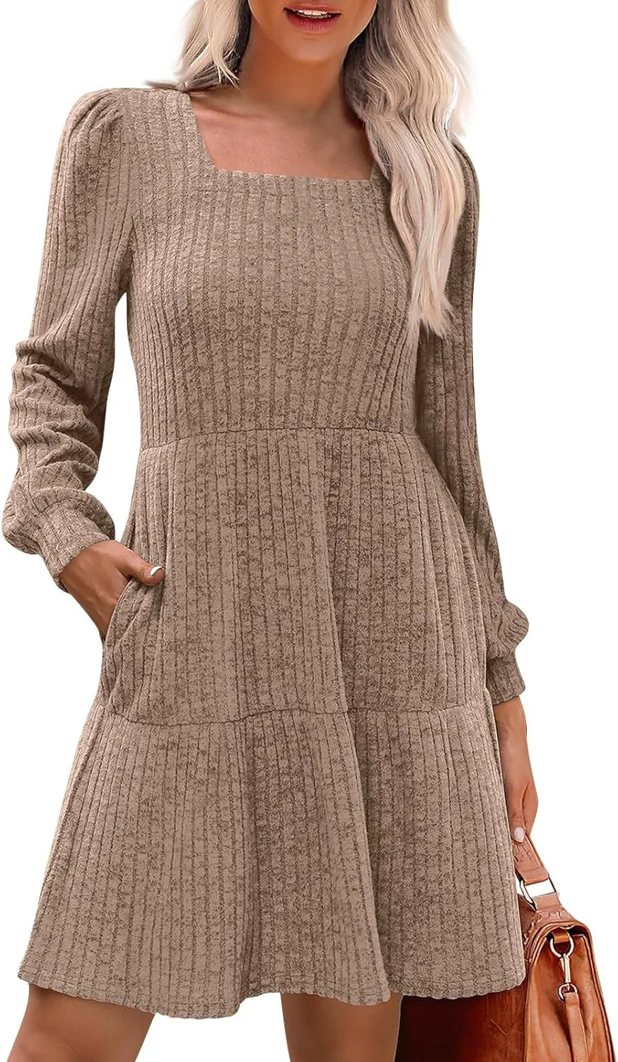 Women Knit Dress Puff Long Sleeve Dress for Fall Winter Square Neck Casual Tunic Dresses Womens Fall Fashion 2024
