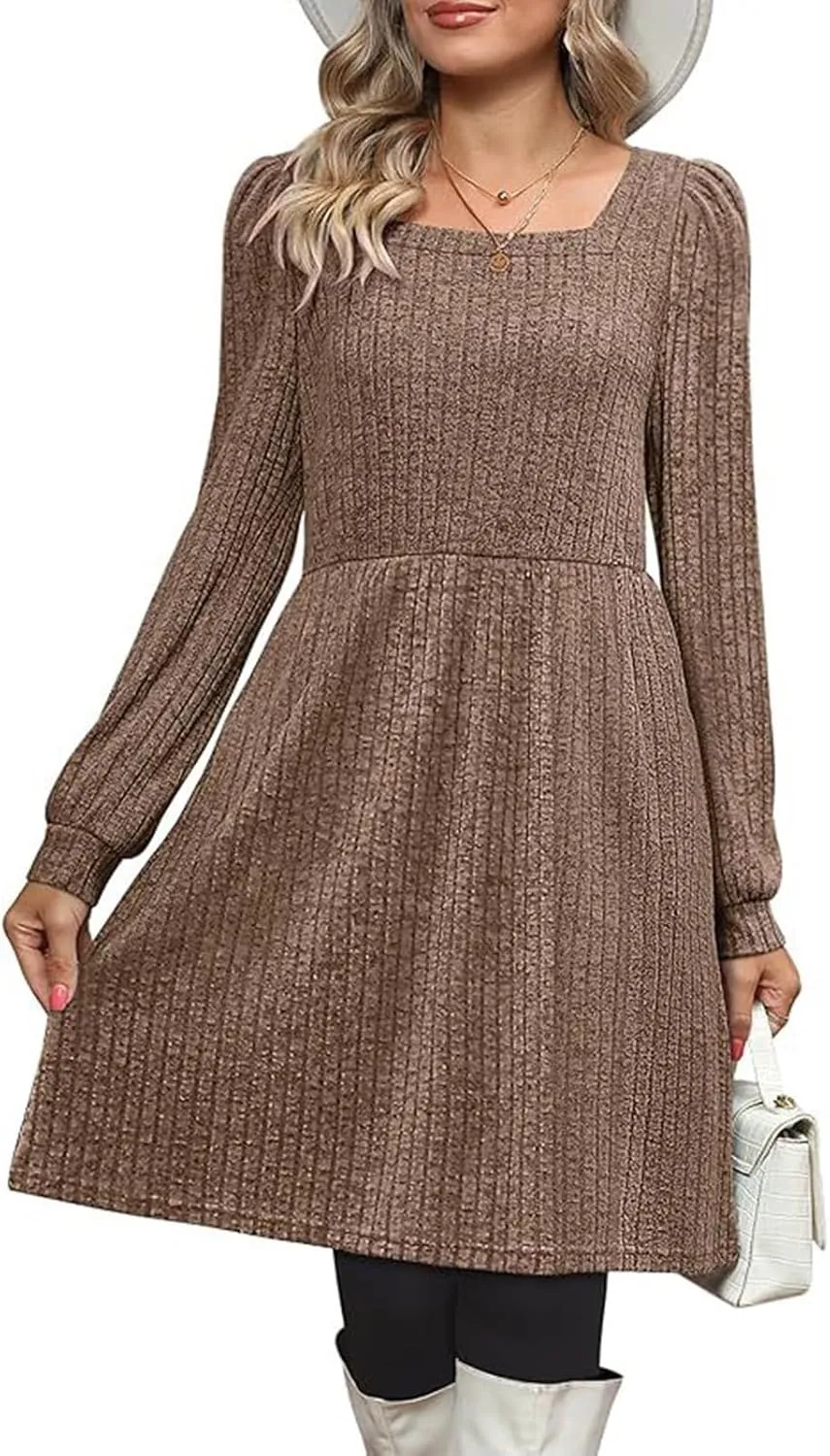 Women Knit Dress Puff Long Sleeve Dress for Fall Winter Square Neck Casual Tunic Dresses Womens Fall Fashion 2024