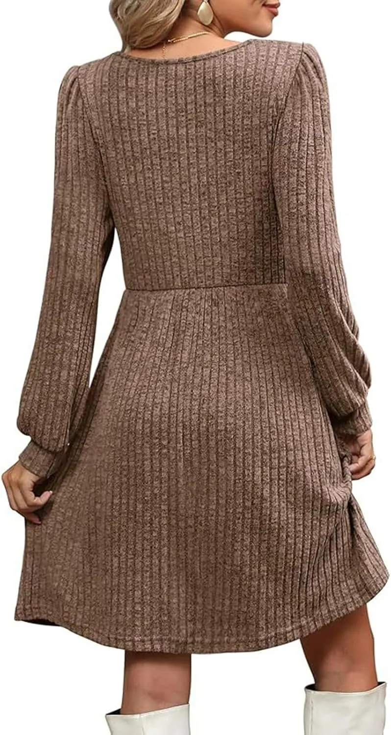 Women Knit Dress Puff Long Sleeve Dress for Fall Winter Square Neck Casual Tunic Dresses Womens Fall Fashion 2024