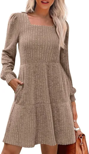 Women Knit Dress Puff Long Sleeve Dress for Fall Winter Square Neck Casual Tunic Dresses Womens Fall Fashion 2024