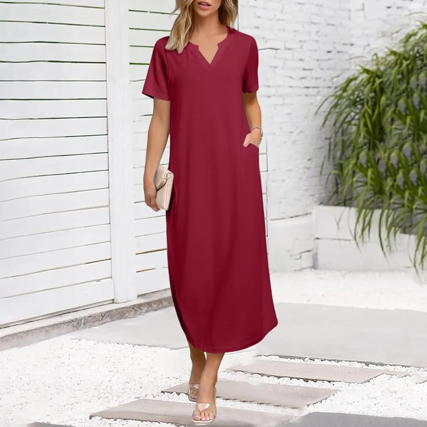 Women Long Maxi Dress Short Sleeve Split Long Tshirt Dress Casual Summer Loose V Neck Sundress with Pockets