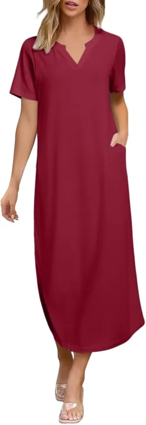 Women Long Maxi Dress Short Sleeve Split Long Tshirt Dress Casual Summer Loose V Neck Sundress with Pockets