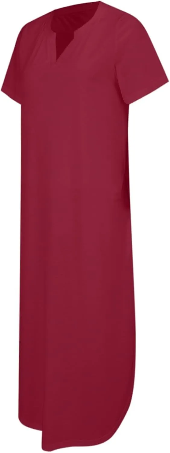 Women Long Maxi Dress Short Sleeve Split Long Tshirt Dress Casual Summer Loose V Neck Sundress with Pockets