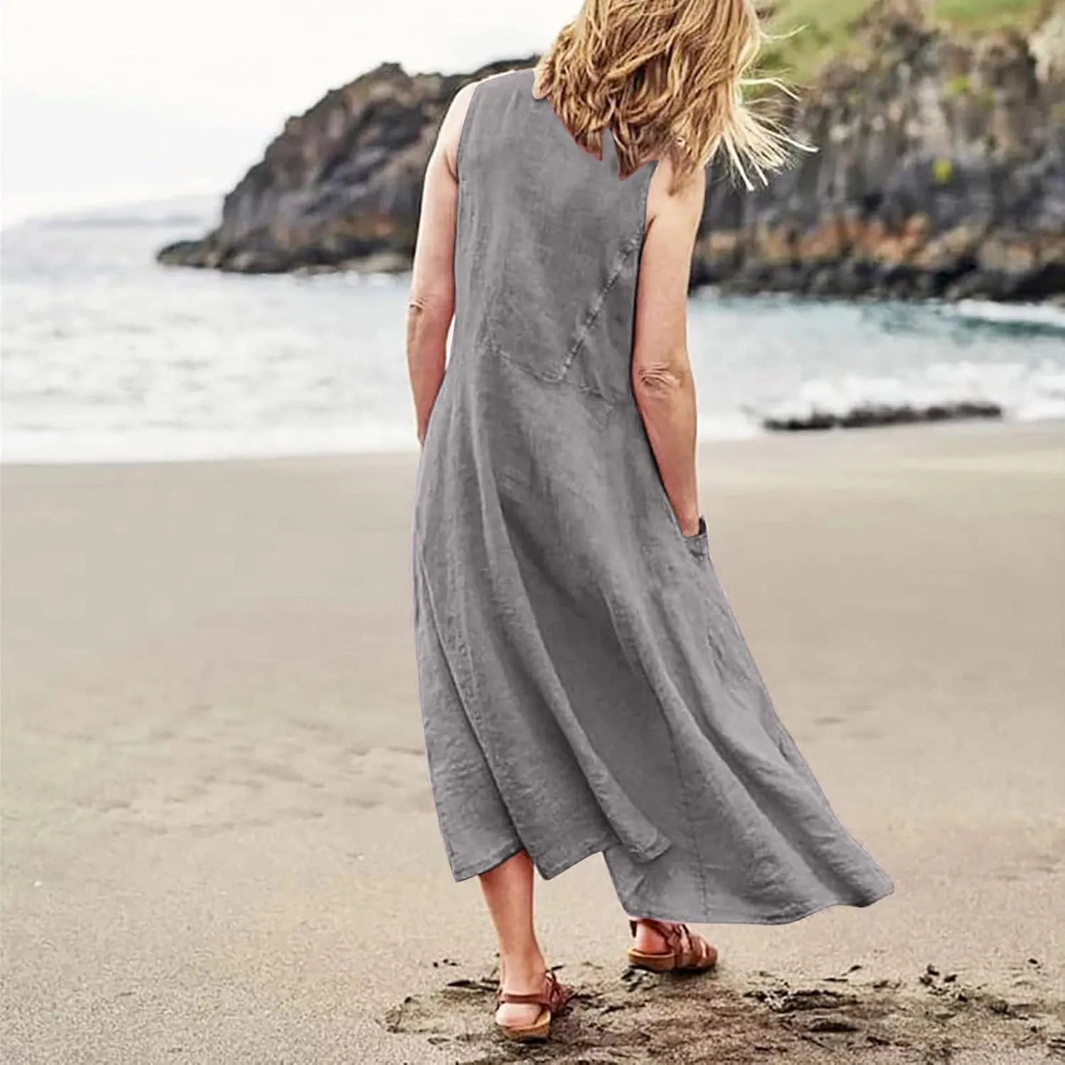Women Maxi Dress Cotton Linen Loose Fit Dresses Summer Beach Dress Sleeveless Hawaiian Long Formal with Pockects