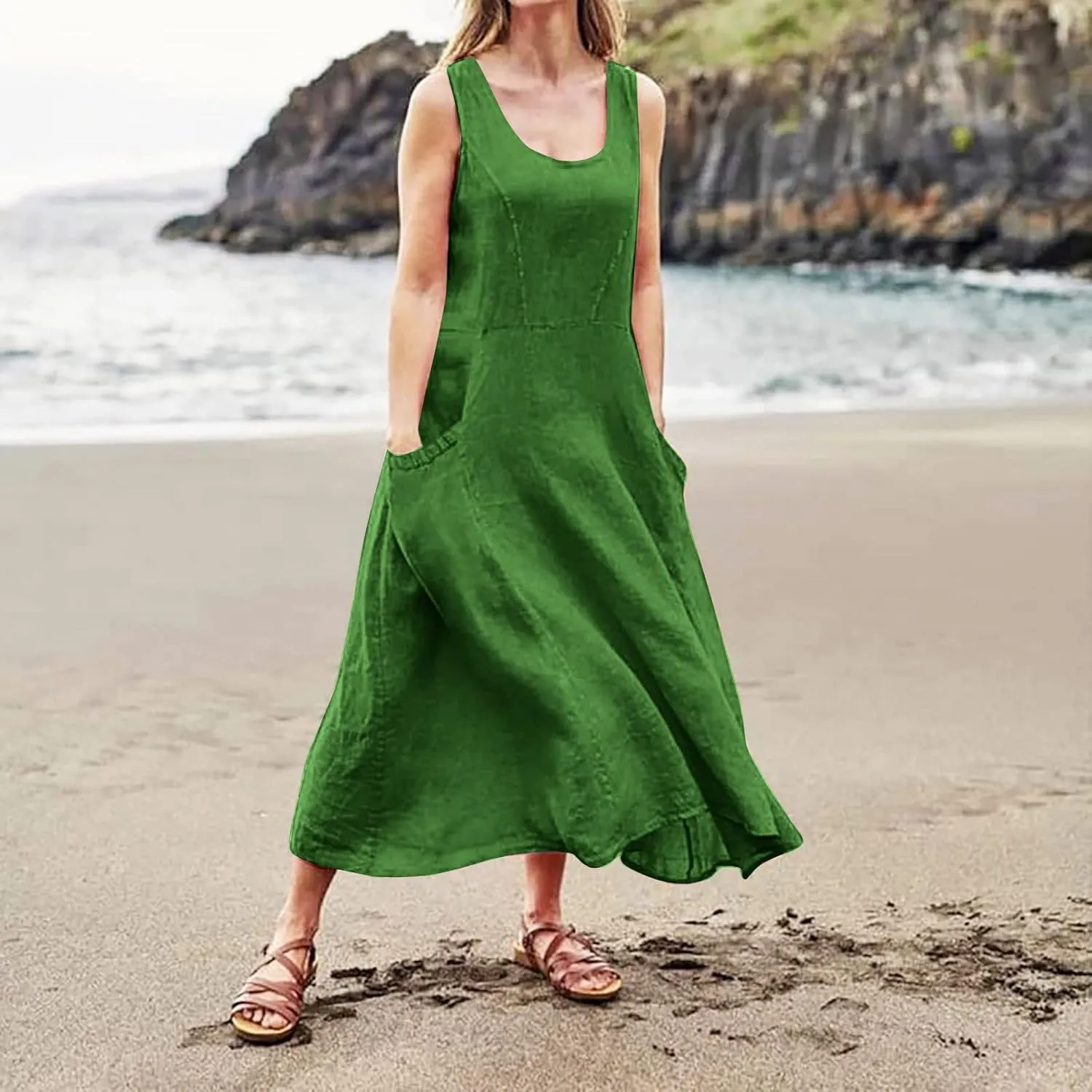 Women Maxi Dress Cotton Linen Loose Fit Dresses Summer Beach Dress Sleeveless Hawaiian Long Formal with Pockects