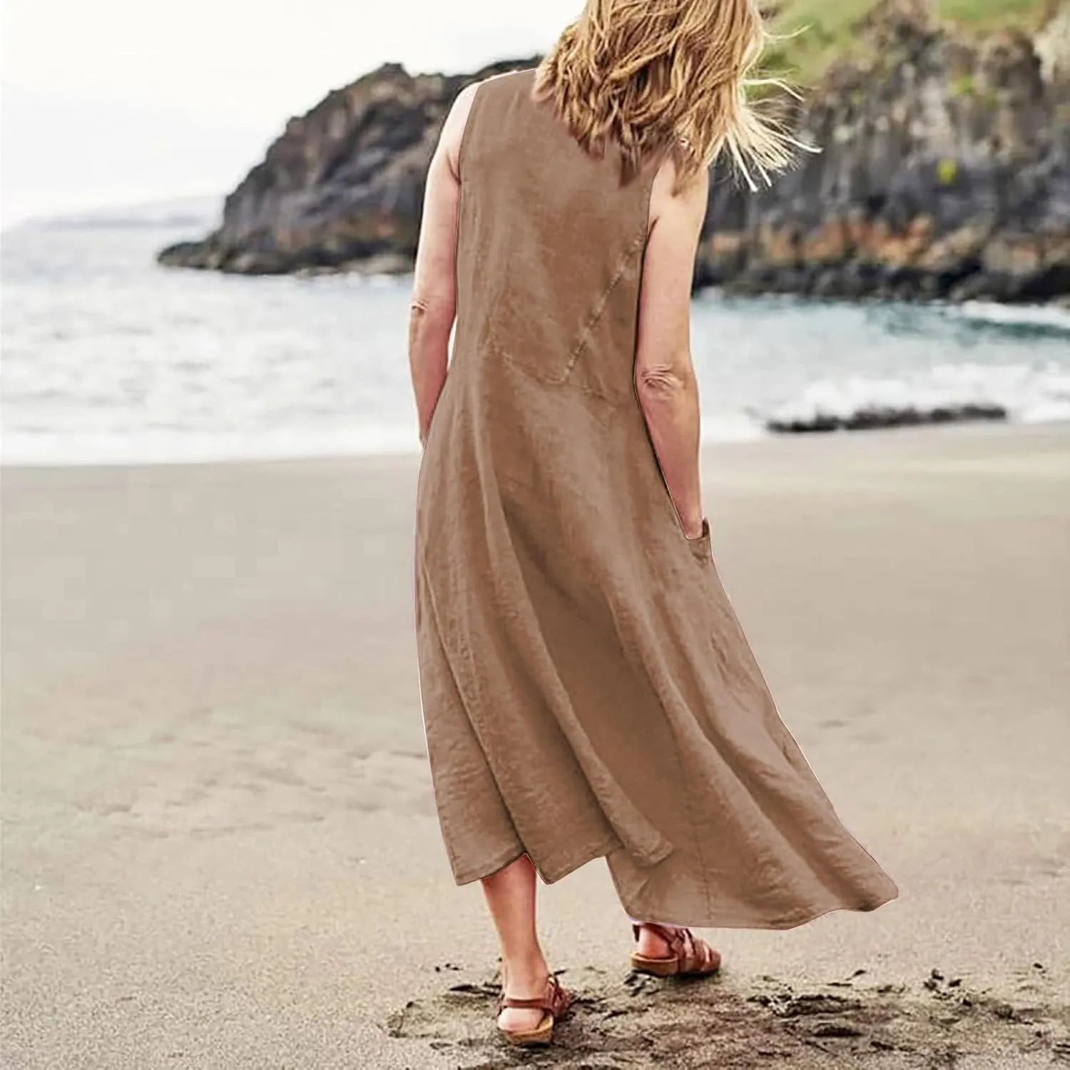 Women Maxi Dress Cotton Linen Loose Fit Dresses Summer Beach Dress Sleeveless Hawaiian Long Formal with Pockects
