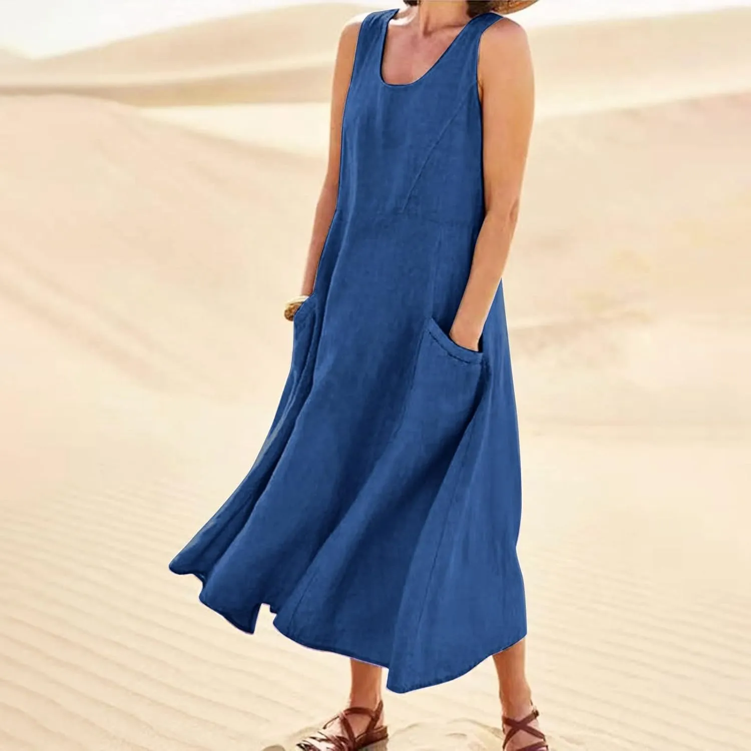 Women Maxi Dress Cotton Linen Loose Fit Dresses Summer Beach Dress Sleeveless Hawaiian Long Formal with Pockects