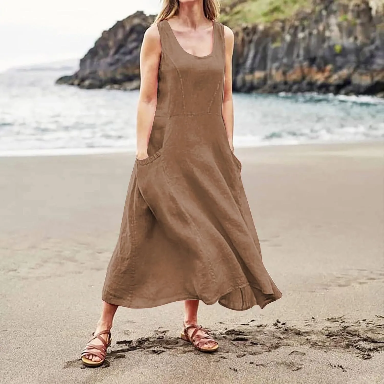 Women Maxi Dress Cotton Linen Loose Fit Dresses Summer Beach Dress Sleeveless Hawaiian Long Formal with Pockects
