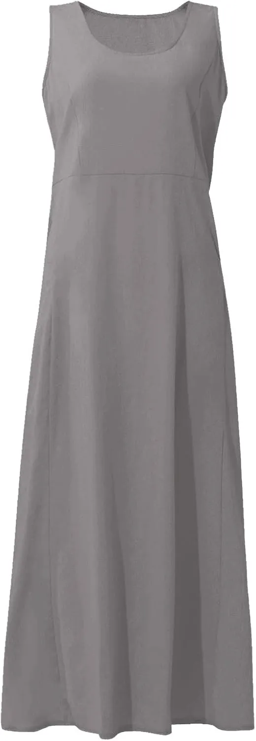 Women Maxi Dress Cotton Linen Loose Fit Dresses Summer Beach Dress Sleeveless Hawaiian Long Formal with Pockects