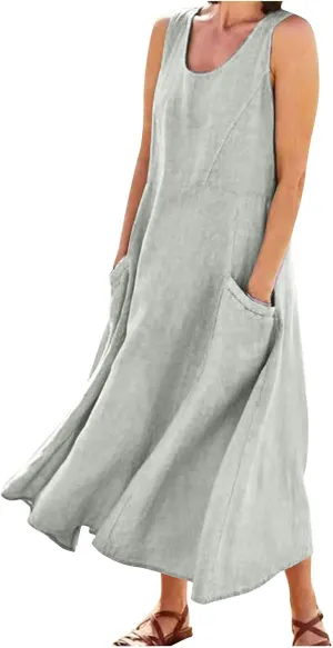 Women Maxi Dress Cotton Linen Loose Fit Dresses Summer Beach Dress Sleeveless Hawaiian Long Formal with Pockects