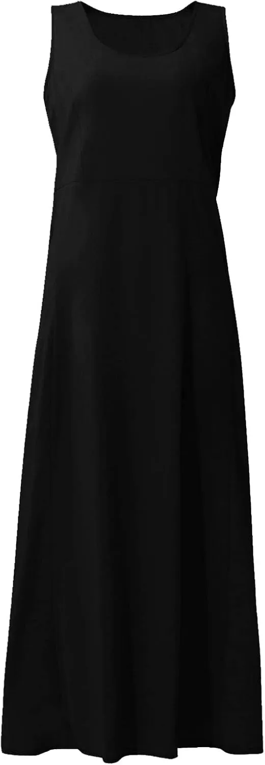 Women Maxi Dress Cotton Linen Loose Fit Dresses Summer Beach Dress Sleeveless Hawaiian Long Formal with Pockects