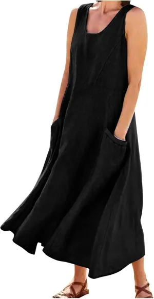 Women Maxi Dress Cotton Linen Loose Fit Dresses Summer Beach Dress Sleeveless Hawaiian Long Formal with Pockects