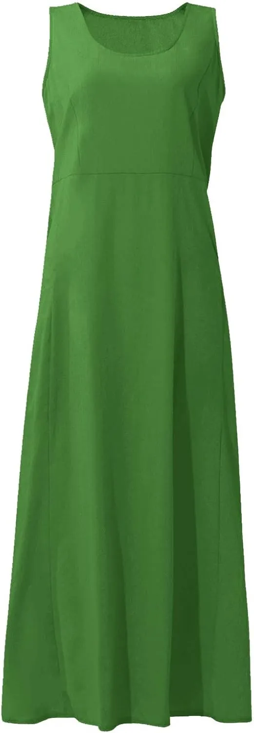 Women Maxi Dress Cotton Linen Loose Fit Dresses Summer Beach Dress Sleeveless Hawaiian Long Formal with Pockects