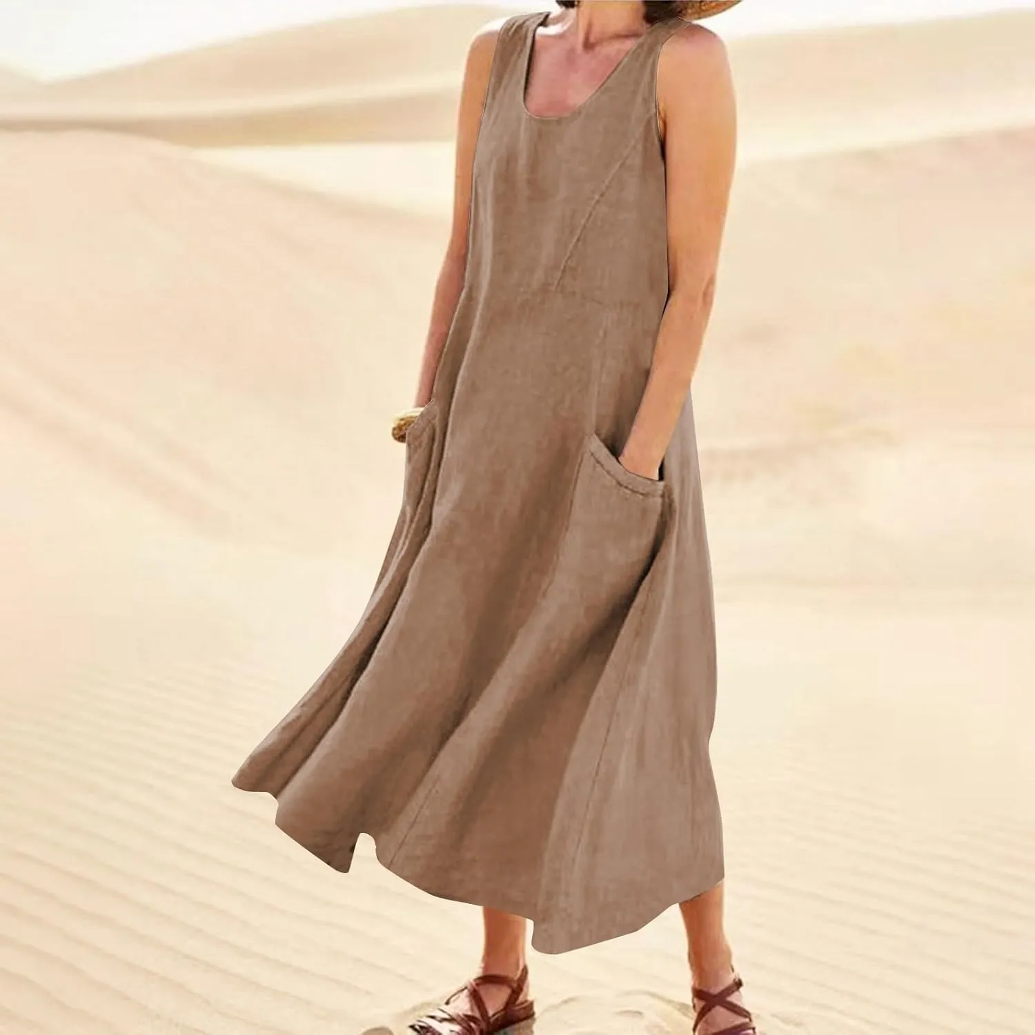 Women Maxi Dress Cotton Linen Loose Fit Dresses Summer Beach Dress Sleeveless Hawaiian Long Formal with Pockects