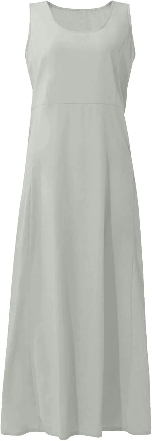 Women Maxi Dress Cotton Linen Loose Fit Dresses Summer Beach Dress Sleeveless Hawaiian Long Formal with Pockects