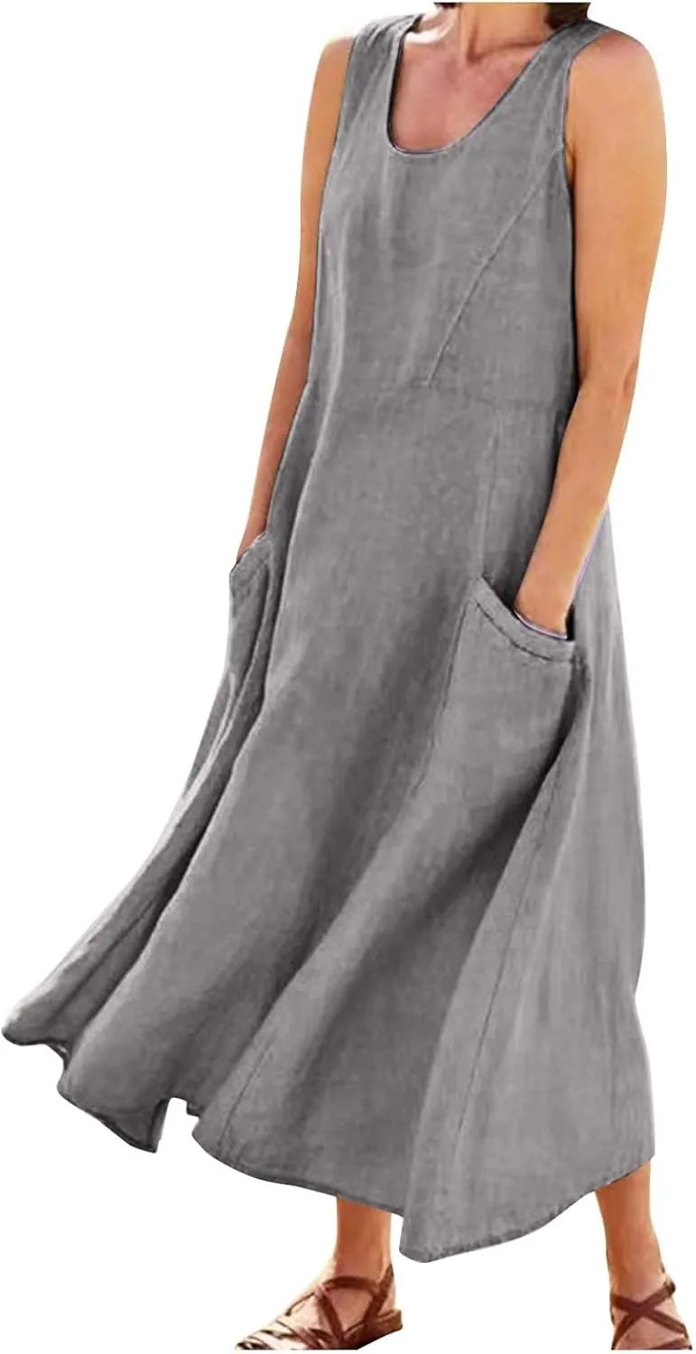 Women Maxi Dress Cotton Linen Loose Fit Dresses Summer Beach Dress Sleeveless Hawaiian Long Formal with Pockects