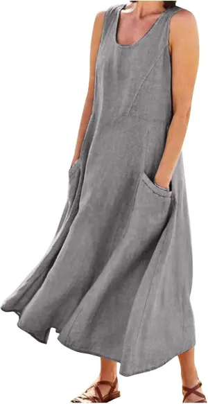 Women Maxi Dress Cotton Linen Loose Fit Dresses Summer Beach Dress Sleeveless Hawaiian Long Formal with Pockects