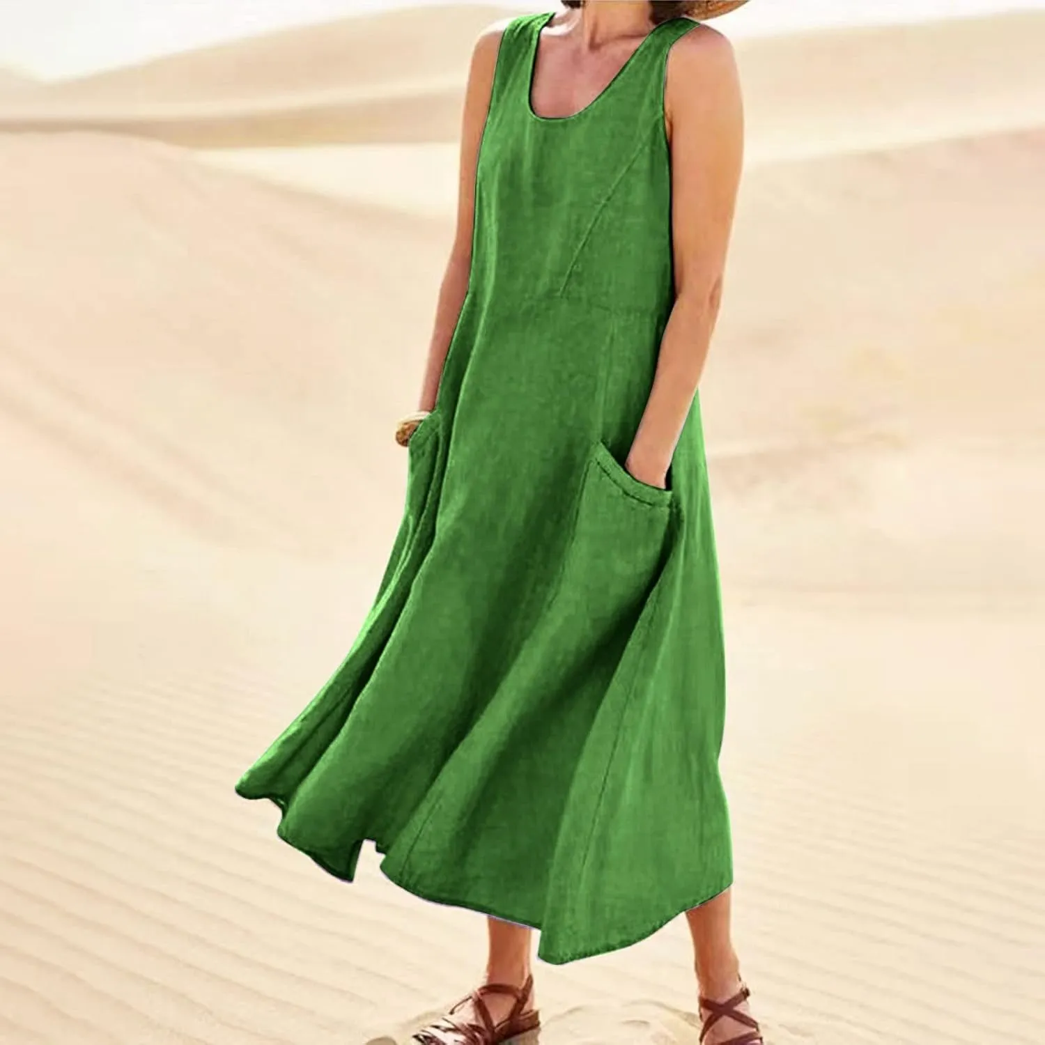 Women Maxi Dress Cotton Linen Loose Fit Dresses Summer Beach Dress Sleeveless Hawaiian Long Formal with Pockects