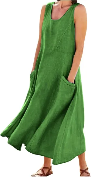 Women Maxi Dress Cotton Linen Loose Fit Dresses Summer Beach Dress Sleeveless Hawaiian Long Formal with Pockects