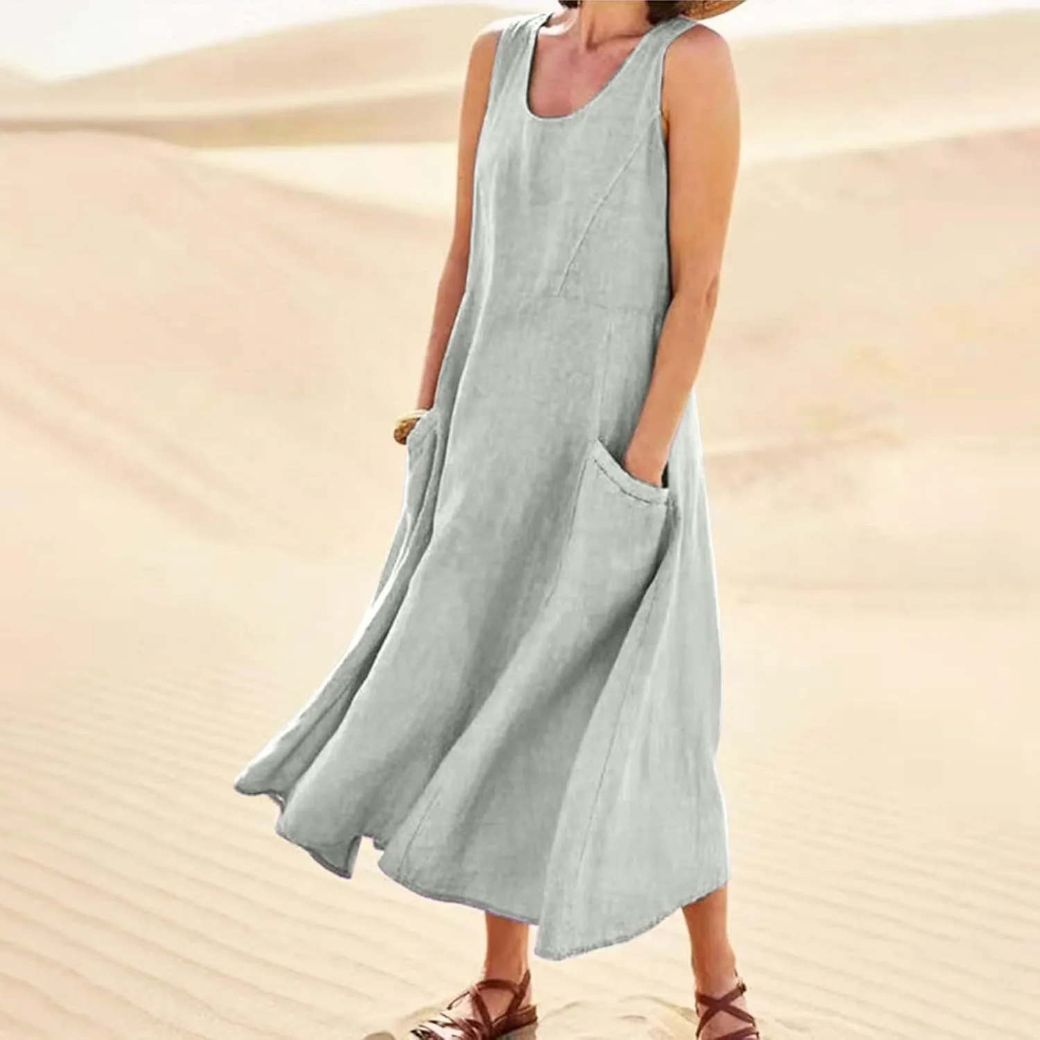 Women Maxi Dress Cotton Linen Loose Fit Dresses Summer Beach Dress Sleeveless Hawaiian Long Formal with Pockects