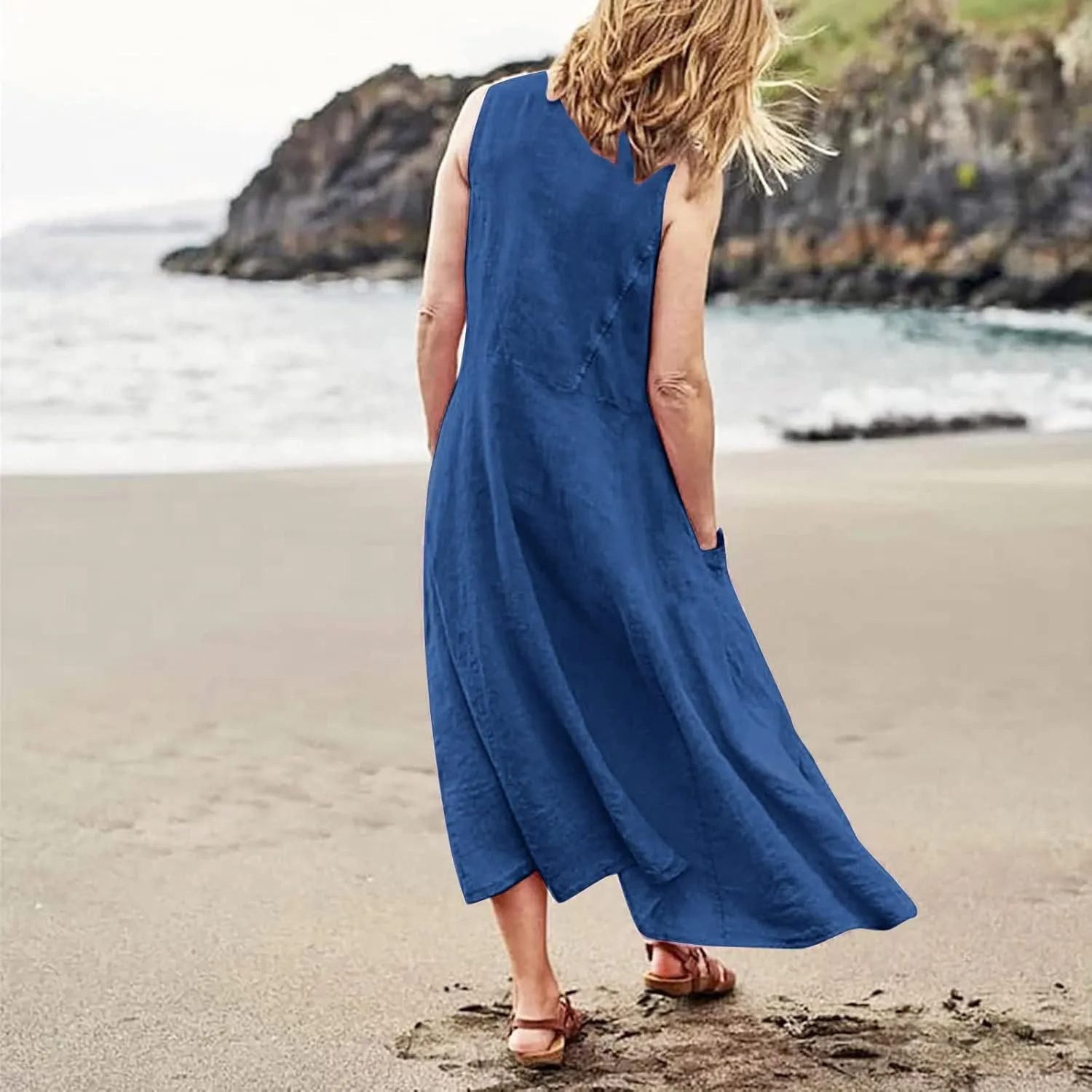 Women Maxi Dress Cotton Linen Loose Fit Dresses Summer Beach Dress Sleeveless Hawaiian Long Formal with Pockects