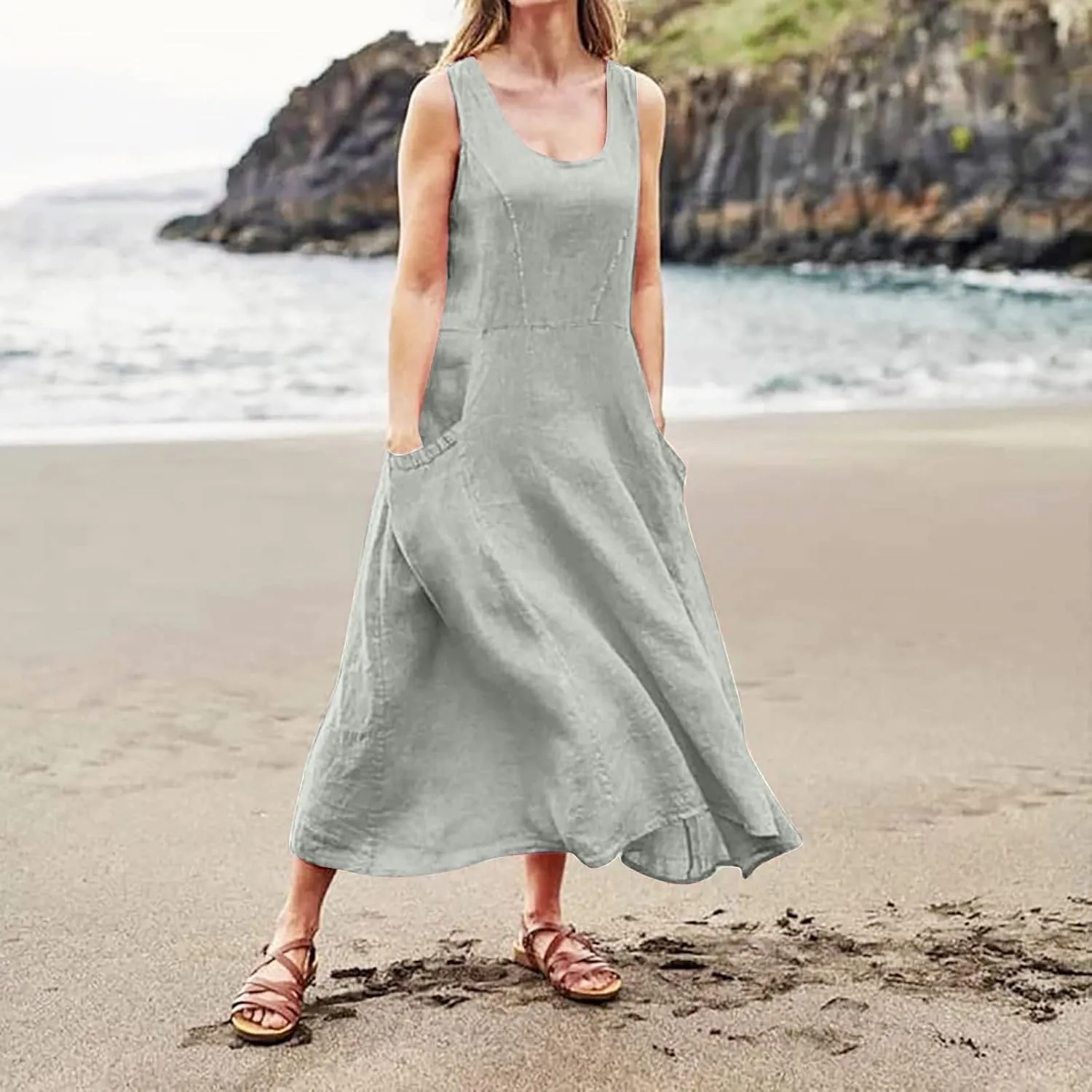 Women Maxi Dress Cotton Linen Loose Fit Dresses Summer Beach Dress Sleeveless Hawaiian Long Formal with Pockects