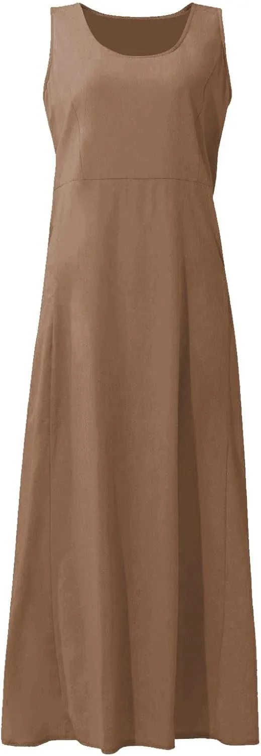 Women Maxi Dress Cotton Linen Loose Fit Dresses Summer Beach Dress Sleeveless Hawaiian Long Formal with Pockects