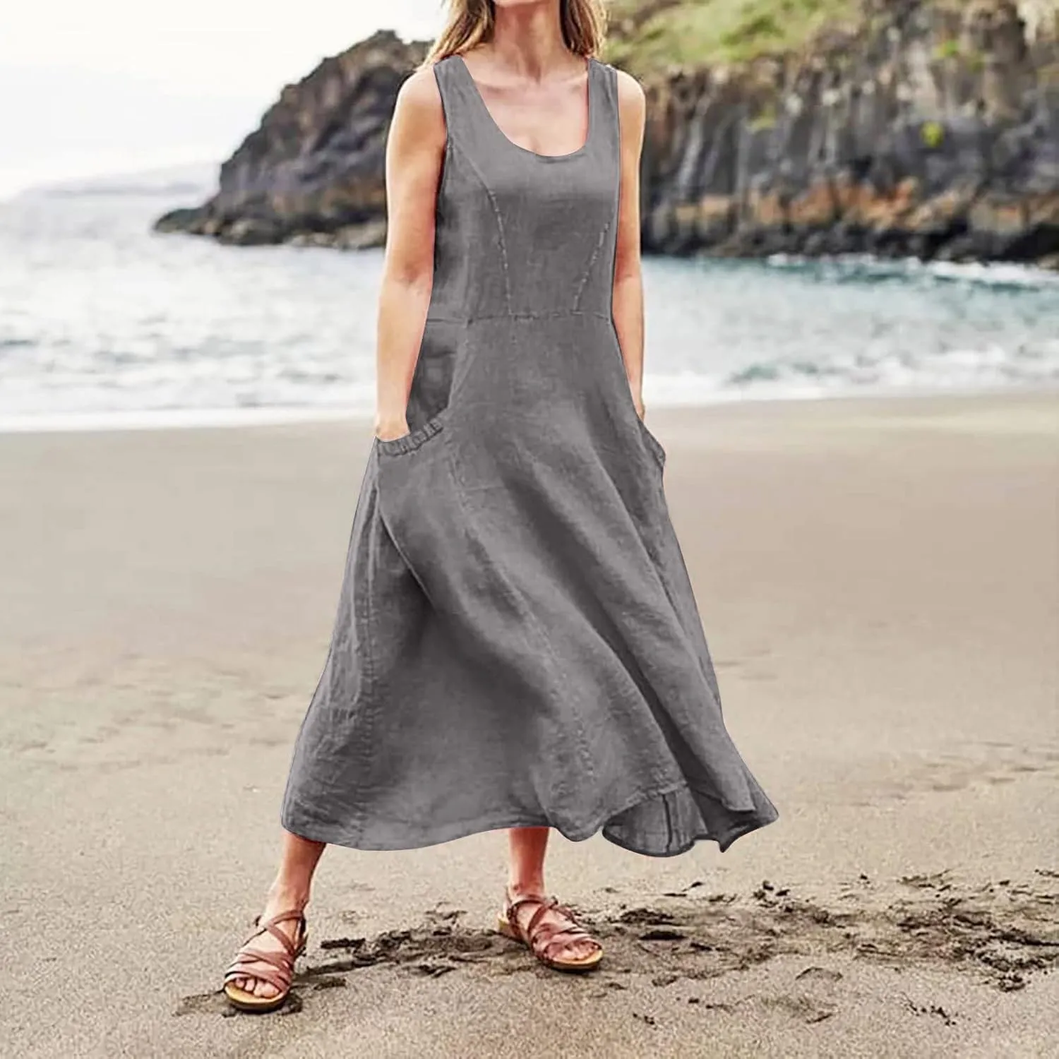 Women Maxi Dress Cotton Linen Loose Fit Dresses Summer Beach Dress Sleeveless Hawaiian Long Formal with Pockects
