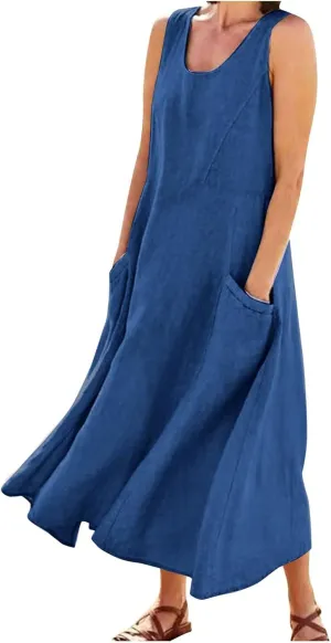 Women Maxi Dress Cotton Linen Loose Fit Dresses Summer Beach Dress Sleeveless Hawaiian Long Formal with Pockects