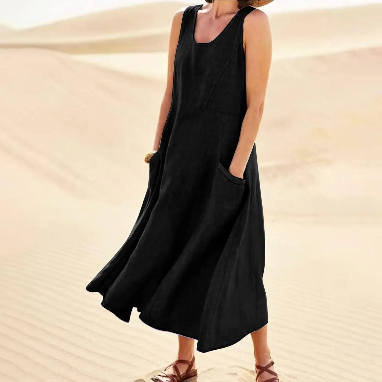 Women Maxi Dress Cotton Linen Loose Fit Dresses Summer Beach Dress Sleeveless Hawaiian Long Formal with Pockects