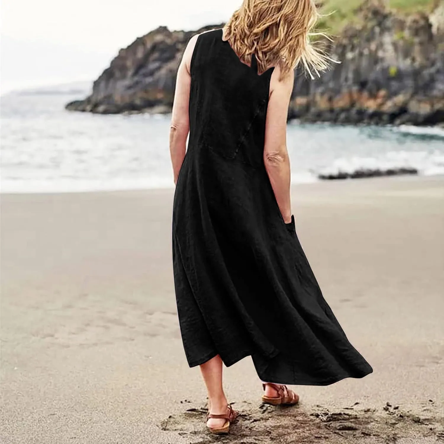 Women Maxi Dress Cotton Linen Loose Fit Dresses Summer Beach Dress Sleeveless Hawaiian Long Formal with Pockects