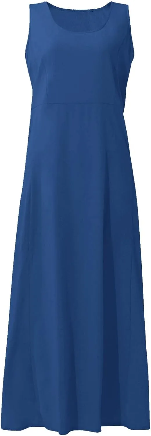 Women Maxi Dress Cotton Linen Loose Fit Dresses Summer Beach Dress Sleeveless Hawaiian Long Formal with Pockects