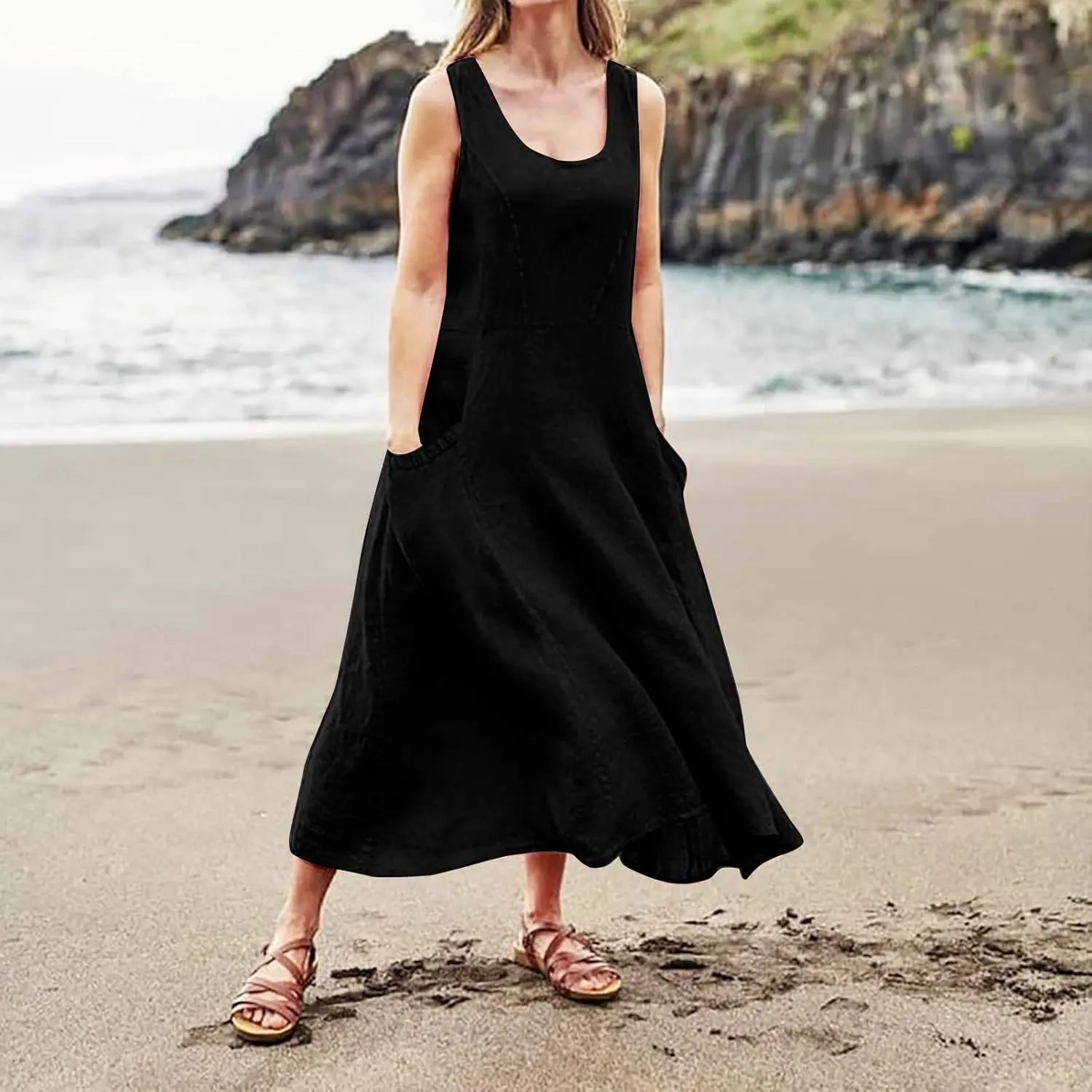 Women Maxi Dress Cotton Linen Loose Fit Dresses Summer Beach Dress Sleeveless Hawaiian Long Formal with Pockects