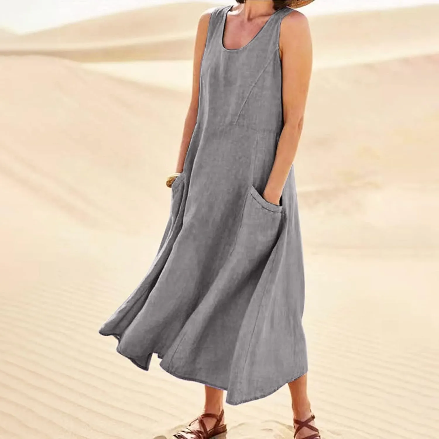 Women Maxi Dress Cotton Linen Loose Fit Dresses Summer Beach Dress Sleeveless Hawaiian Long Formal with Pockects