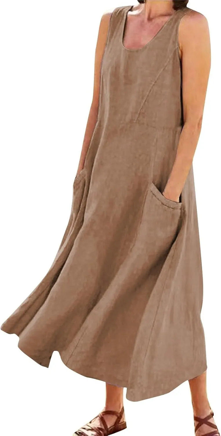 Women Maxi Dress Cotton Linen Loose Fit Dresses Summer Beach Dress Sleeveless Hawaiian Long Formal with Pockects
