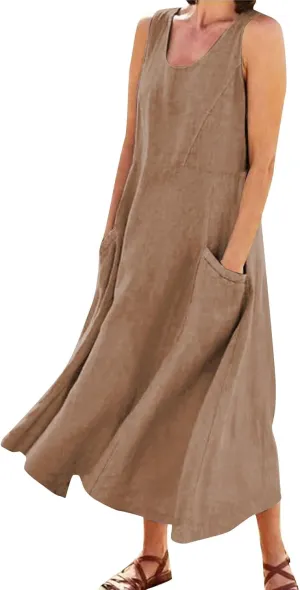 Women Maxi Dress Cotton Linen Loose Fit Dresses Summer Beach Dress Sleeveless Hawaiian Long Formal with Pockects