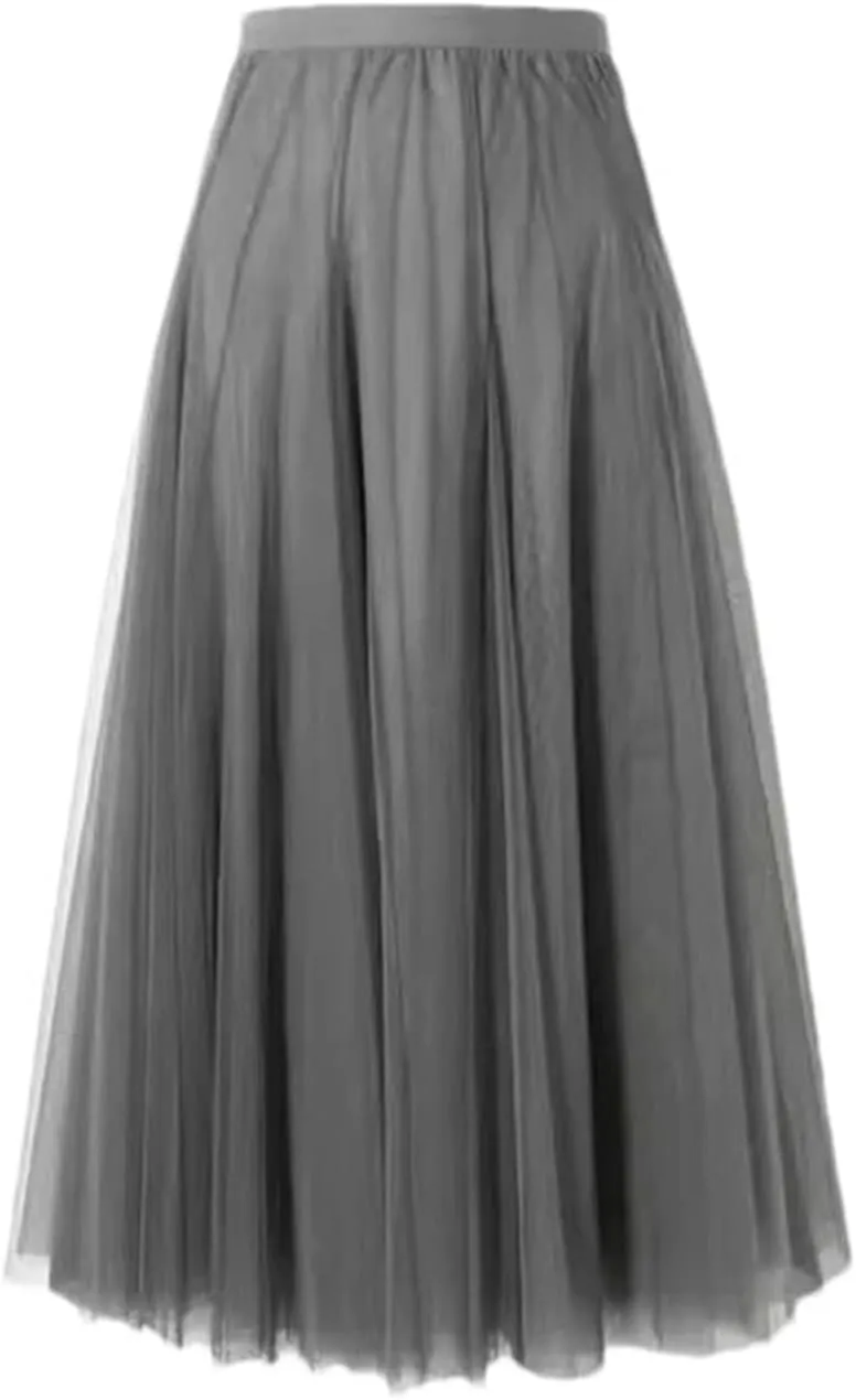 Women Mesh Elastic High Waist Long Skirt Elegant Pleated Skirt Midi Skirt