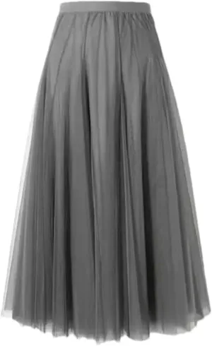 Women Mesh Elastic High Waist Long Skirt Elegant Pleated Skirt Midi Skirt