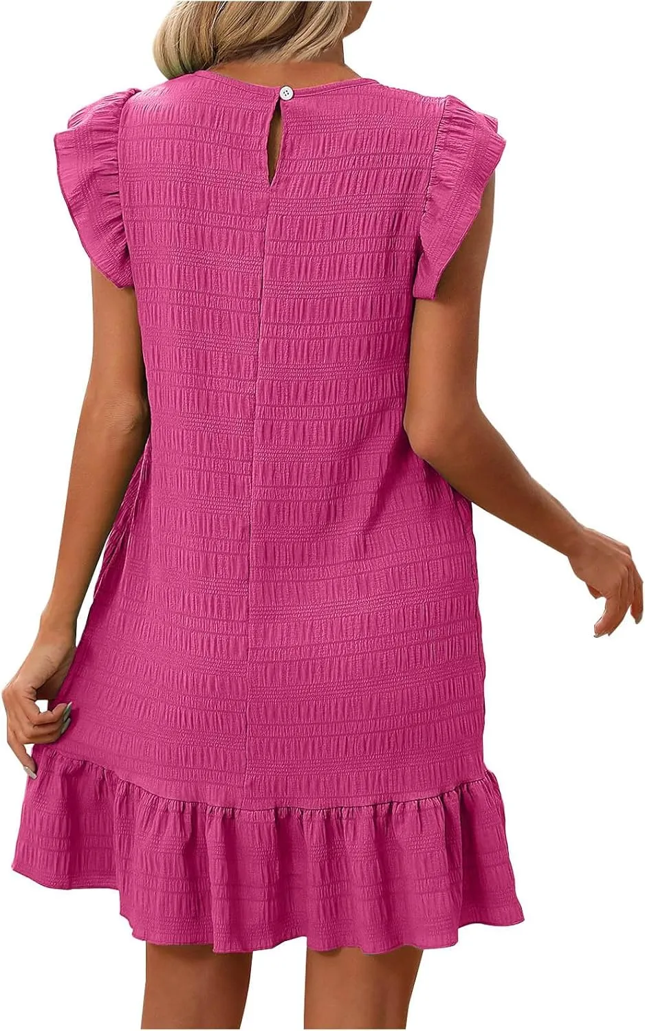 Women Mini Dress 2025 Summer Trendy Ruched Ruffle Flowy Dresses Casual Crewneck A Line Swing Beach Vacation Sundress