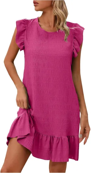 Women Mini Dress 2025 Summer Trendy Ruched Ruffle Flowy Dresses Casual Crewneck A Line Swing Beach Vacation Sundress
