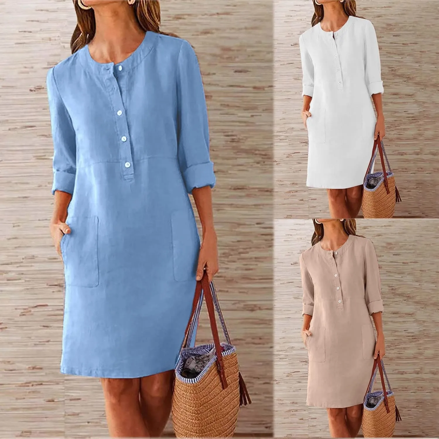 Women Plus Size Linen Cotton Casual Loose Comfy Knee Length Dress Half Button Dresses A Line Flowy Dresses with Pocket