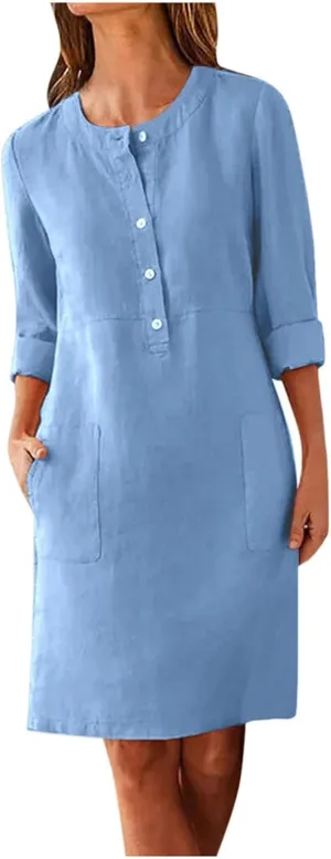 Women Plus Size Linen Cotton Casual Loose Comfy Knee Length Dress Half Button Dresses A Line Flowy Dresses with Pocket