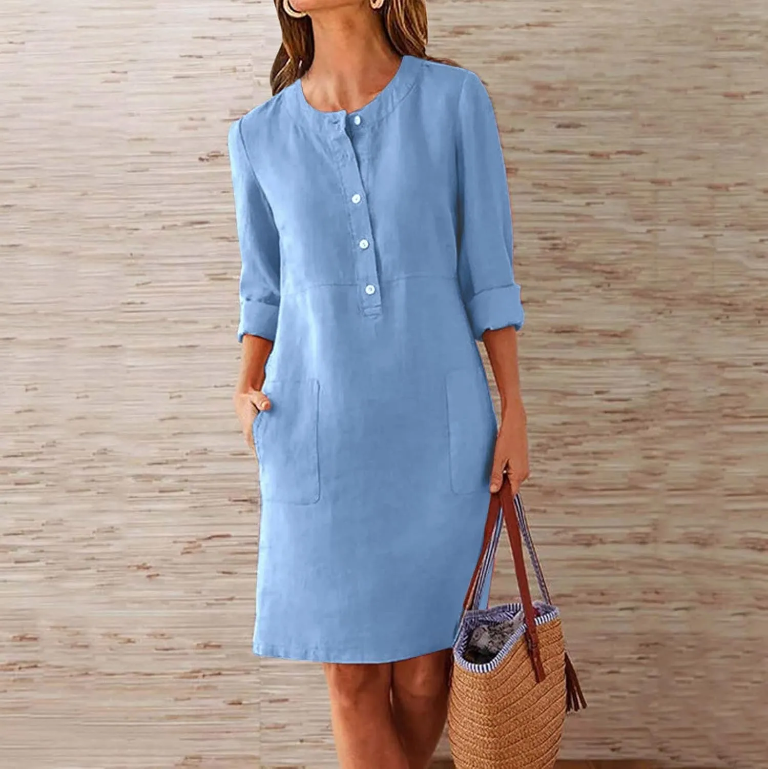 Women Plus Size Linen Cotton Casual Loose Comfy Knee Length Dress Half Button Dresses A Line Flowy Dresses with Pocket